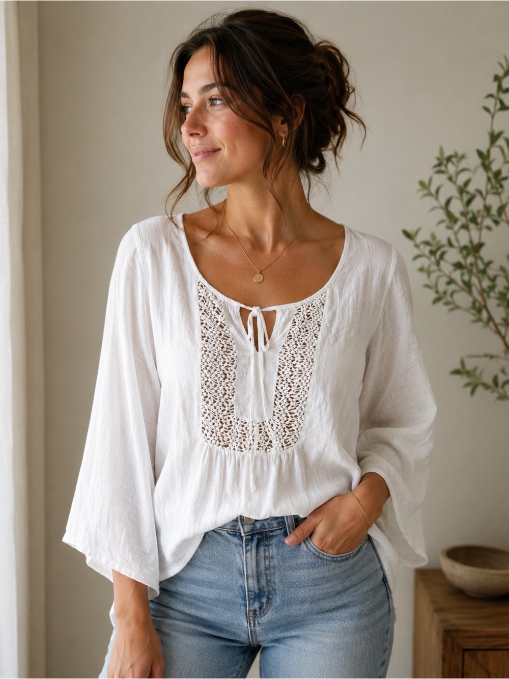 White Crochet-Front Peasant Blouse Flair Sleeve Size M -Boho Festival Fairy